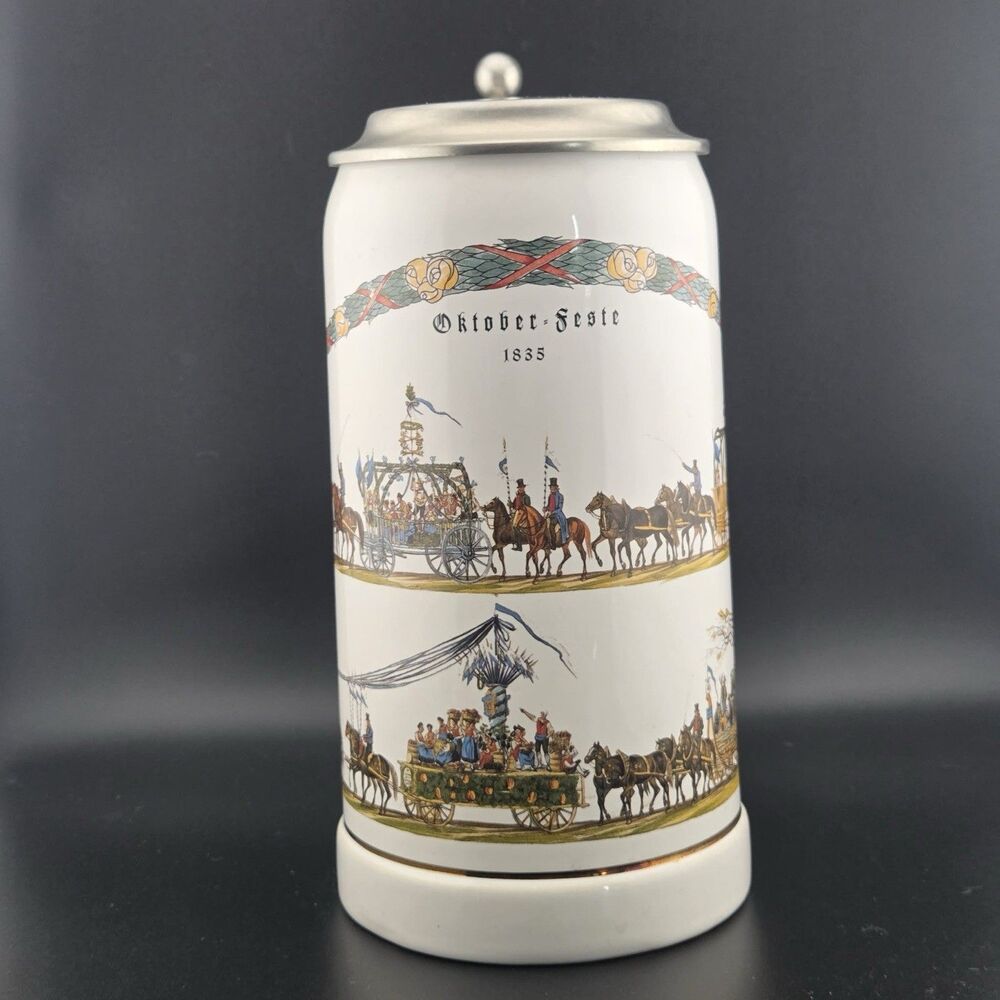 Gerz Vintage Oktoberfest 1835 Beer Stein 1L Pewter Lid 9.25" Tall